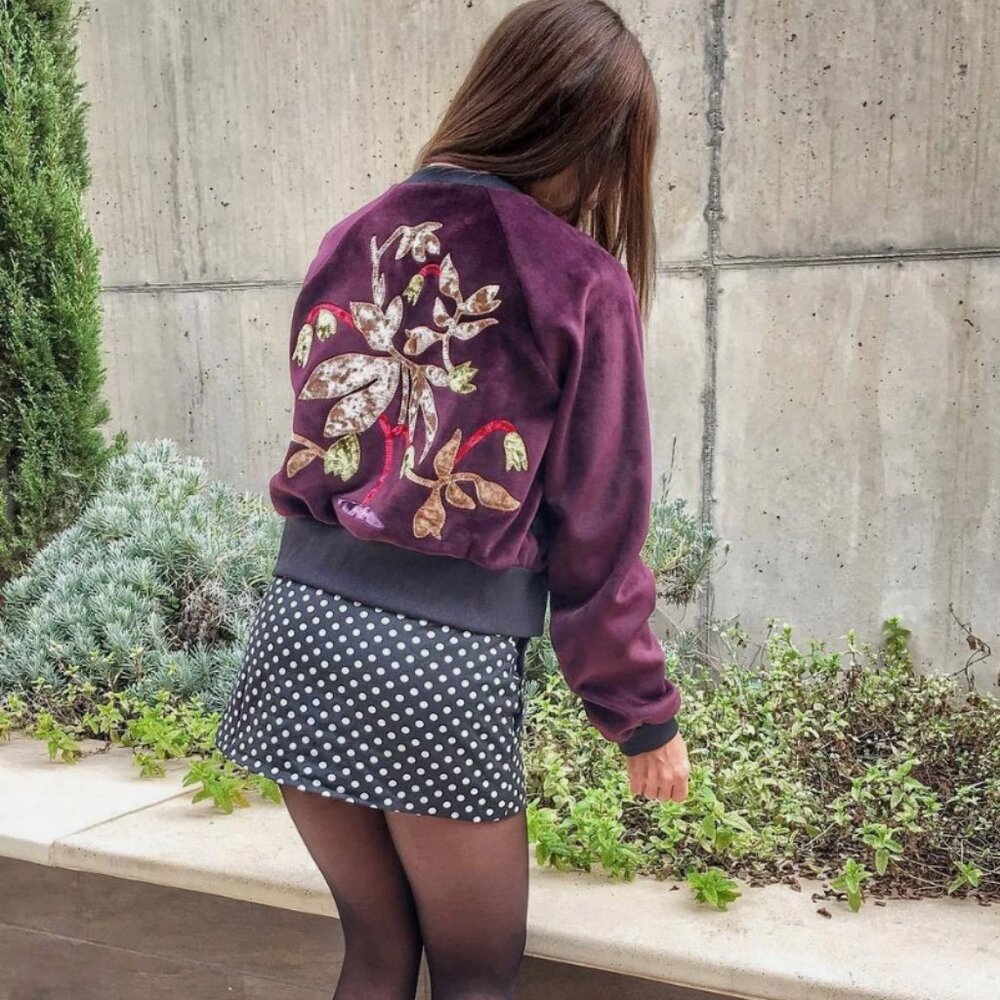 ZARA Purple Burgundy Embroidered Velvet Bomber Jacket, Shimmer Collar, Small - Picture 5 of 10
